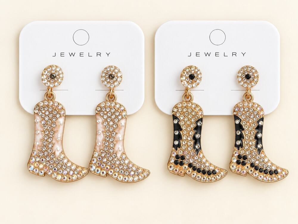 2 pair cowgirl western boot earrings dangle drop black pearl bling cute gift